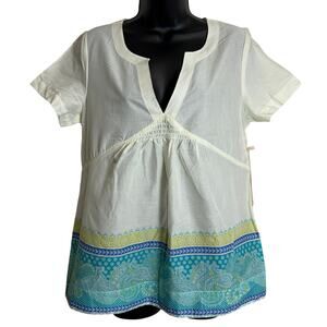 Caribbean Joe  Babydoll Blouse Small White Blue Tropical Split Neck Cotton Top